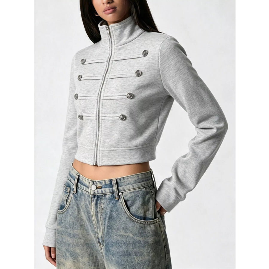 Cropped Zip-Up Outerwear with Decorative Buttons Apparel and Accessories