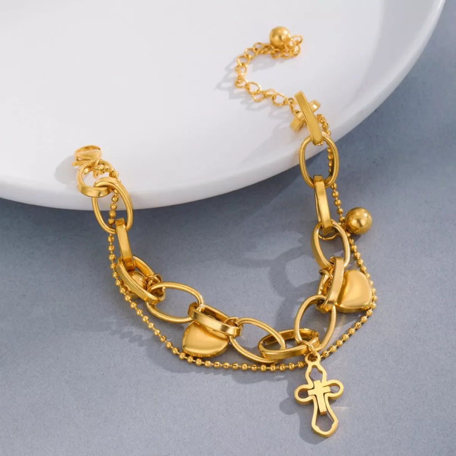 Cross and Heart Charm Bracelet Gold / One Size Apparel and Accessories