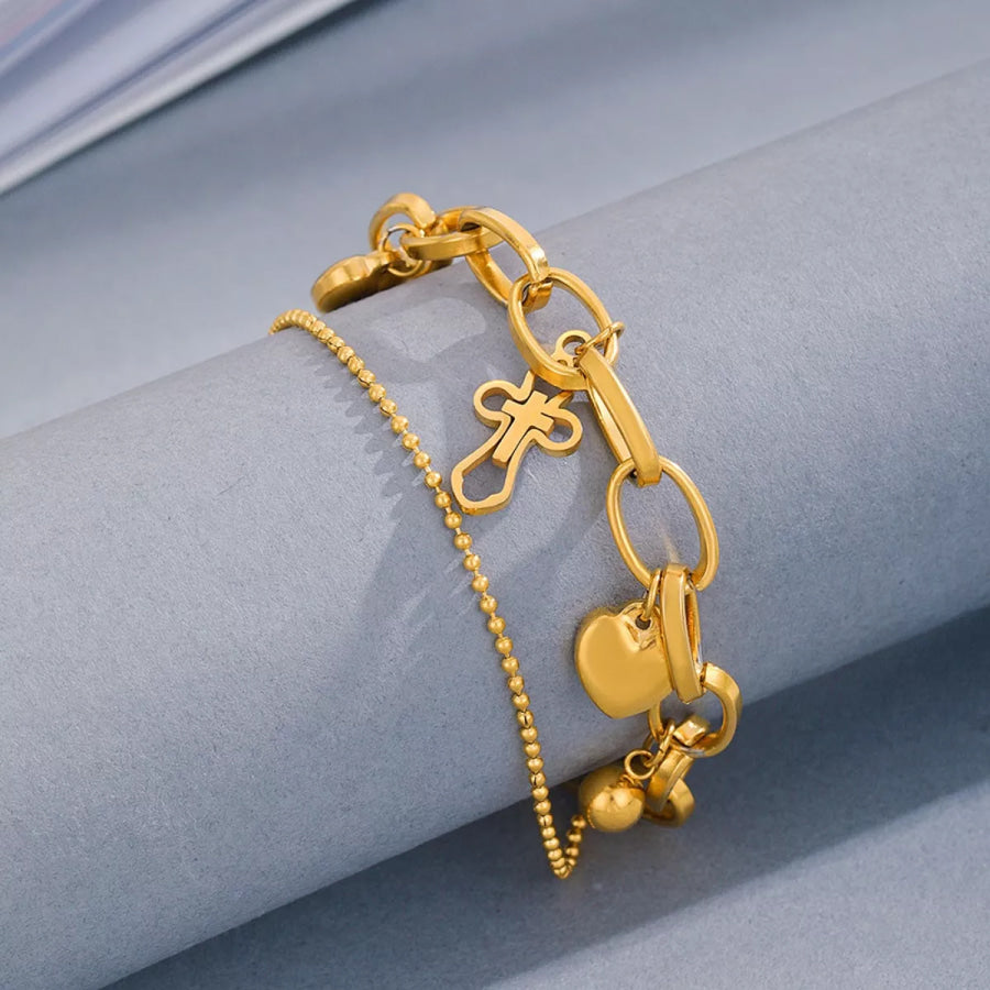 Cross and Heart Charm Bracelet Gold / One Size Apparel and Accessories