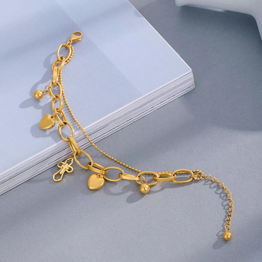 Cross and Heart Charm Bracelet Gold / One Size Apparel and Accessories