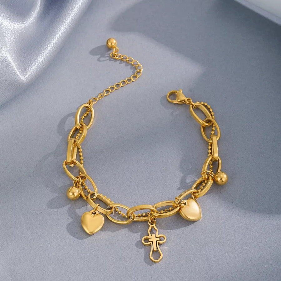 Cross and Heart Charm Bracelet Gold / One Size Apparel and Accessories