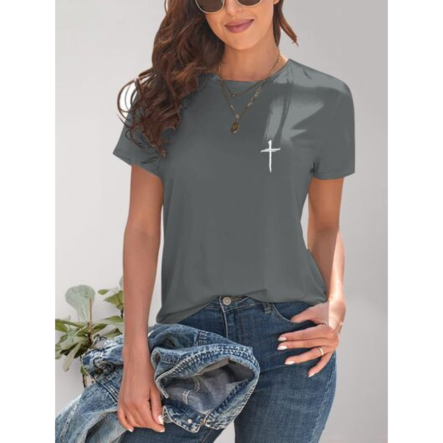 Cross Graphic Round Neck T - Shirt Apparel and Accessories