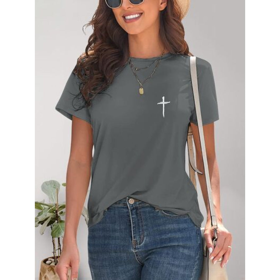 Cross Graphic Round Neck T - Shirt Charcoal / S Apparel and Accessories