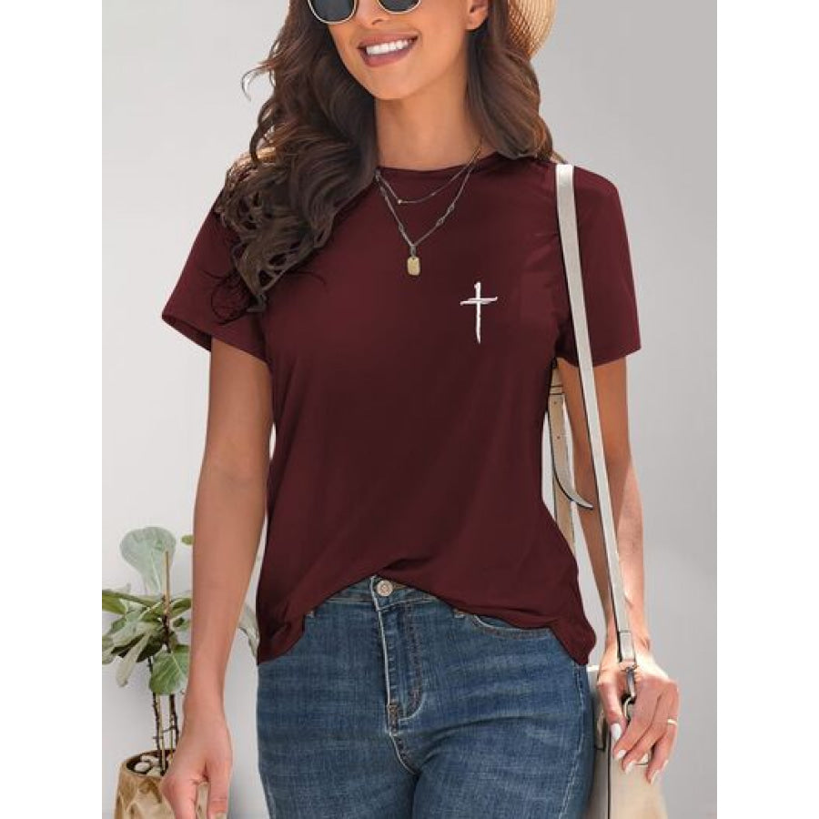 Cross Graphic Round Neck T - Shirt Wine / S Apparel and Accessories