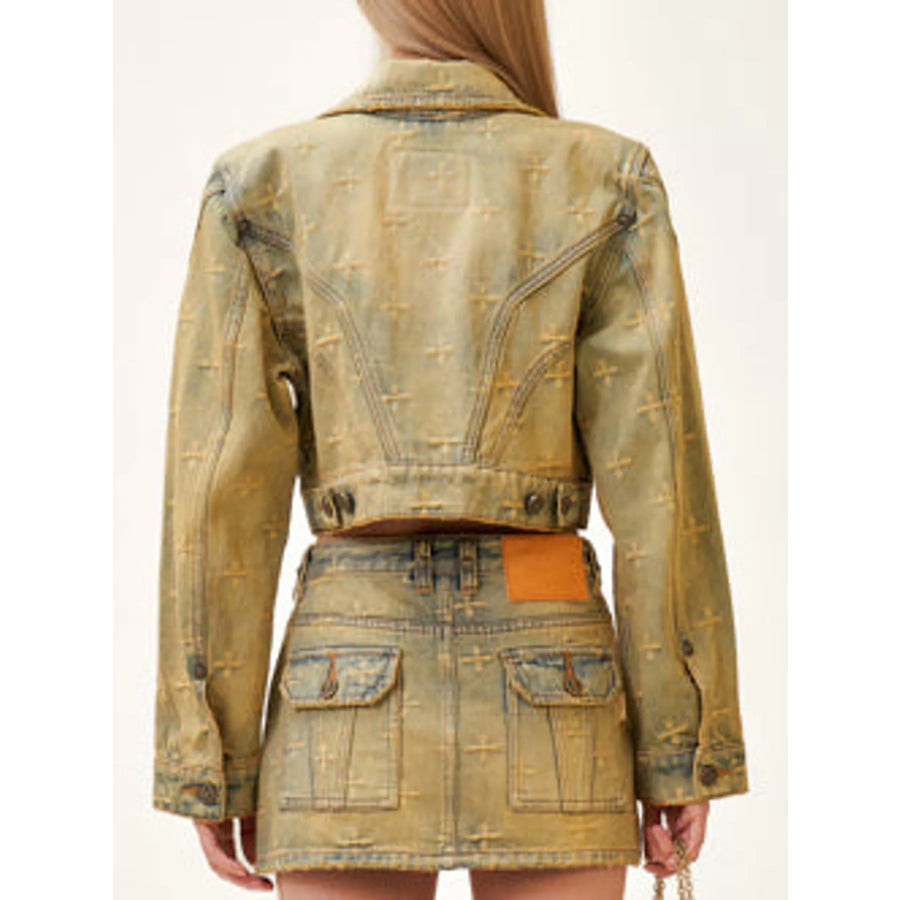 Cross Pattern Cropped Denim Jacket Aurora Blue / S Apparel and Accessories
