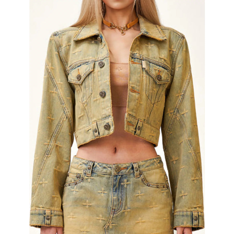 Cross Pattern Cropped Denim Jacket Aurora Blue / S Apparel and Accessories