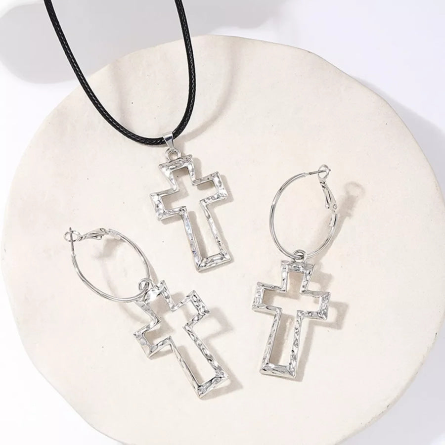 Cross Pendant Necklace & Hoop Earrings Jewelry Set Apparel and Accessories