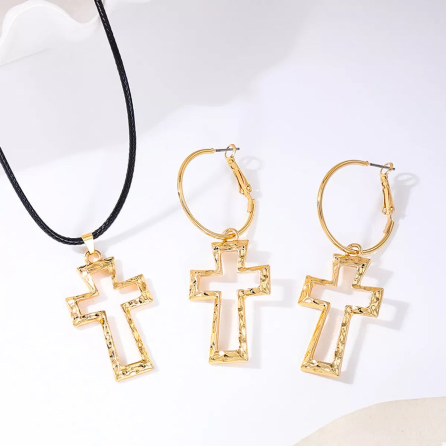 Cross Pendant Necklace & Hoop Earrings Jewelry Set Apparel and Accessories