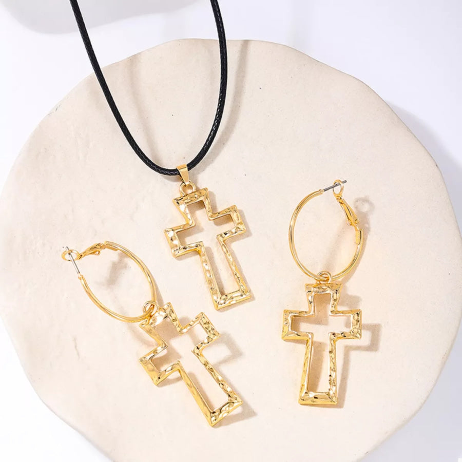 Cross Pendant Necklace & Hoop Earrings Jewelry Set Golden / One Size Apparel and Accessories