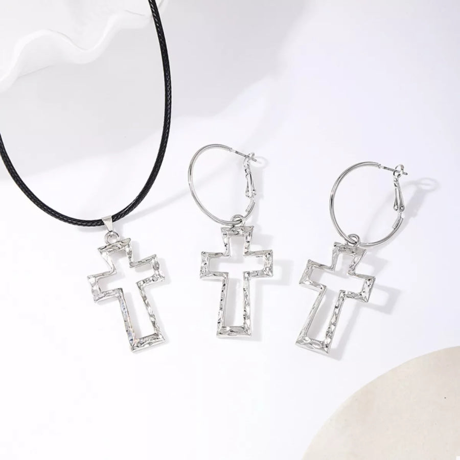 Cross Pendant Necklace & Hoop Earrings Jewelry Set Silver / One Size Apparel and Accessories