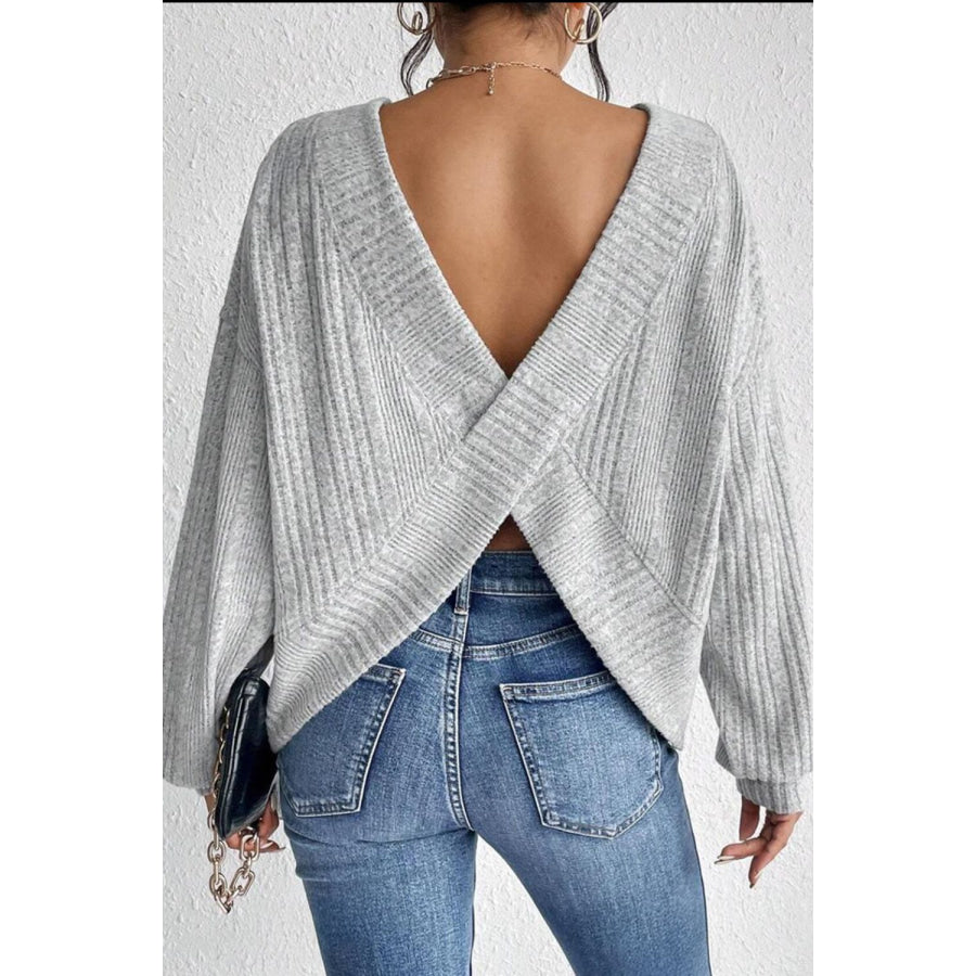 Crossover Backless Long Sleeve Knit Top Apparel and Accessories