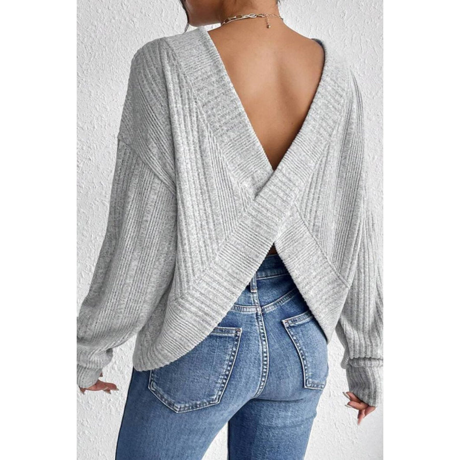 Crossover Backless Long Sleeve Knit Top Light Gray / S Apparel and Accessories