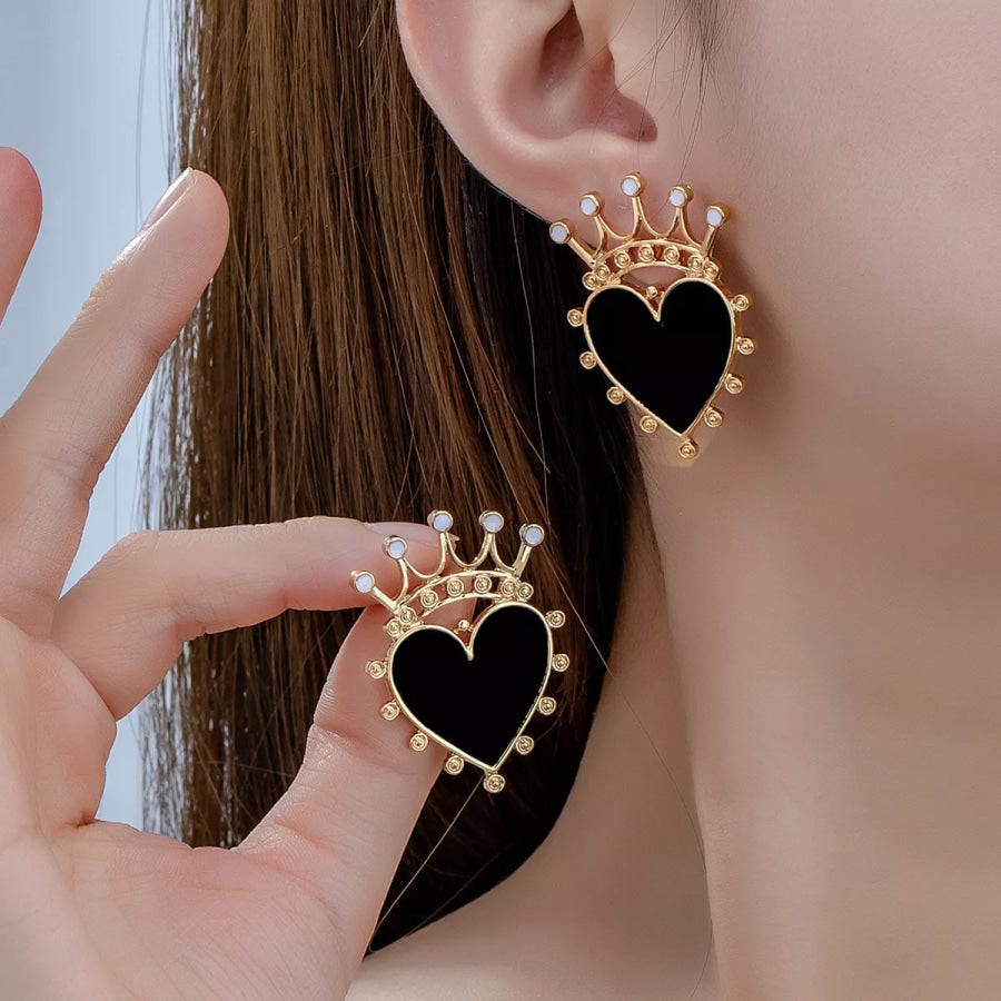 Crown Heart Stud Earrings Black / One Size Apparel and Accessories