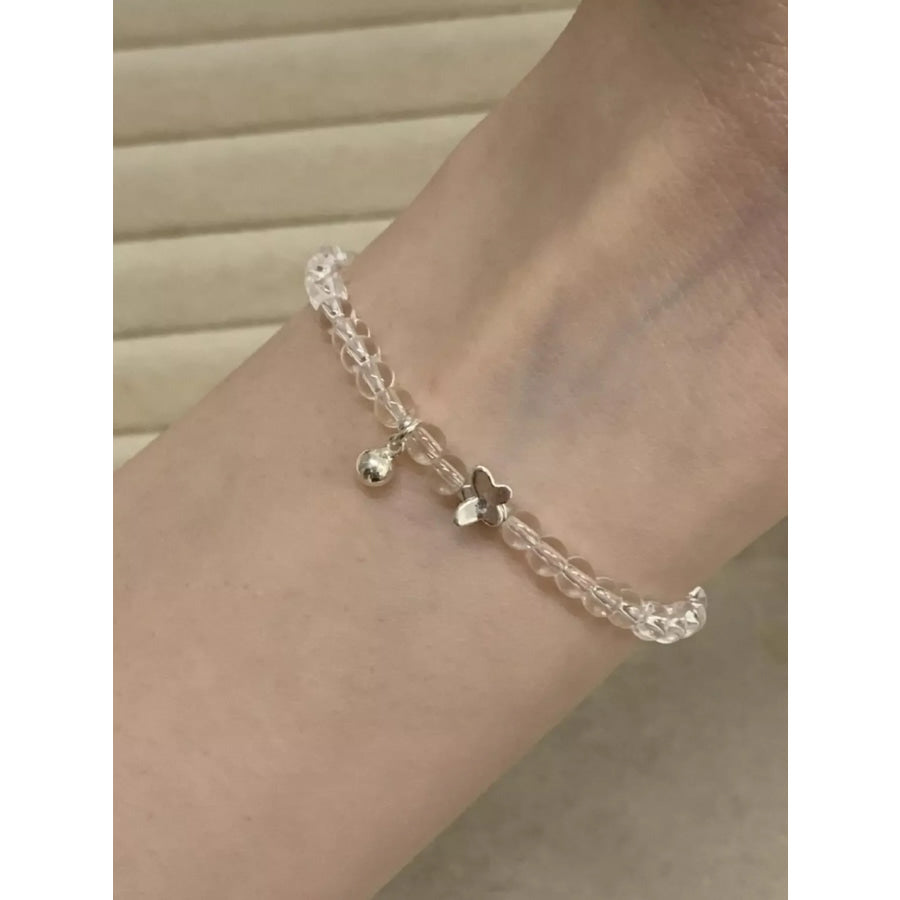 Crystal Beaded Bracelet with Butterfly Charm Silver / One Size Apparel and Accessories