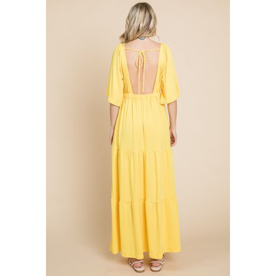 Culture Code Backless Plunge Half Sleeve Tiered Dress LEMONADE / S Apparel and Accessories