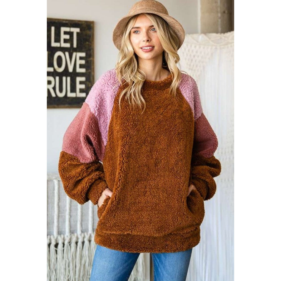 Culture Code Color Block Faux Fur Raglan Sleeve Sweatshirt Brown / S Apparel and Accessories