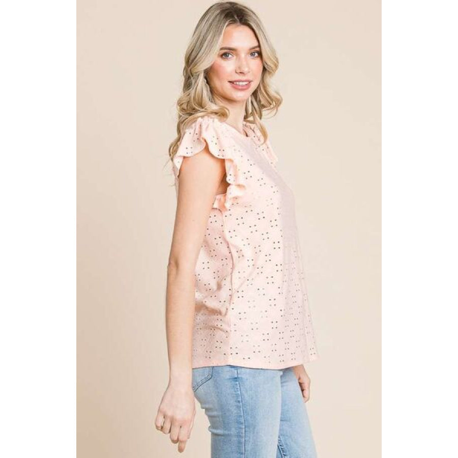 Culture Code Eyelet Round Neck Ruffled Cap Sleeve Top Apparel and Accessories