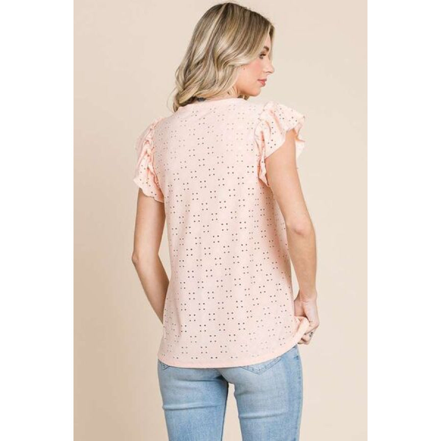 Culture Code Eyelet Round Neck Ruffled Cap Sleeve Top Apparel and Accessories