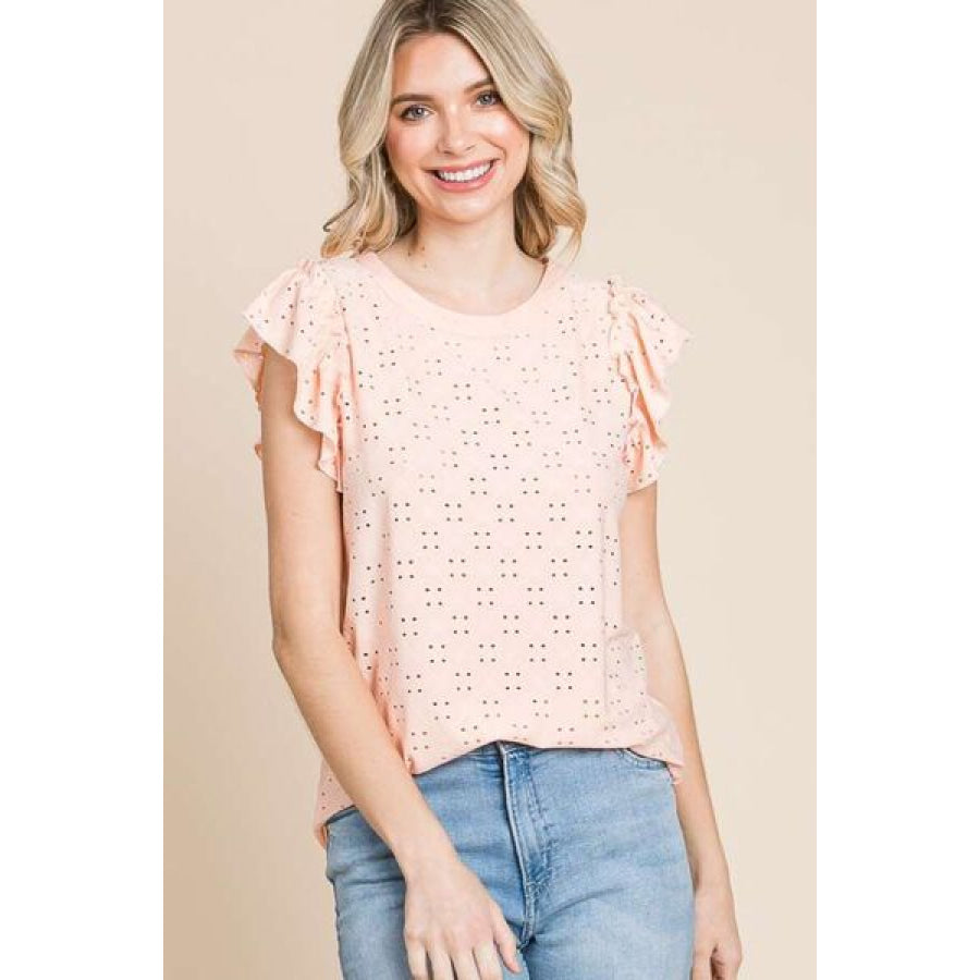Culture Code Eyelet Round Neck Ruffled Cap Sleeve Top TROPICALPEACH / S Apparel and Accessories