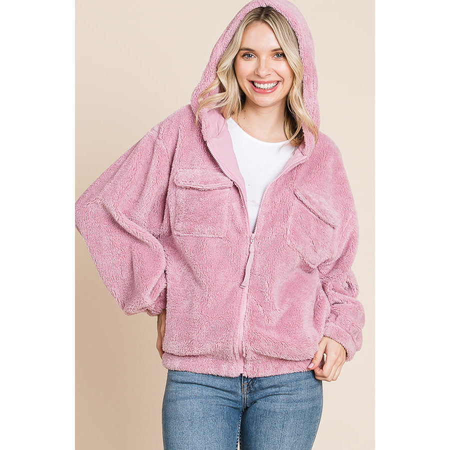 Culture Code Faux Fur Zip Up Hooded Jacket with Side Pockets Apparel and Accessories