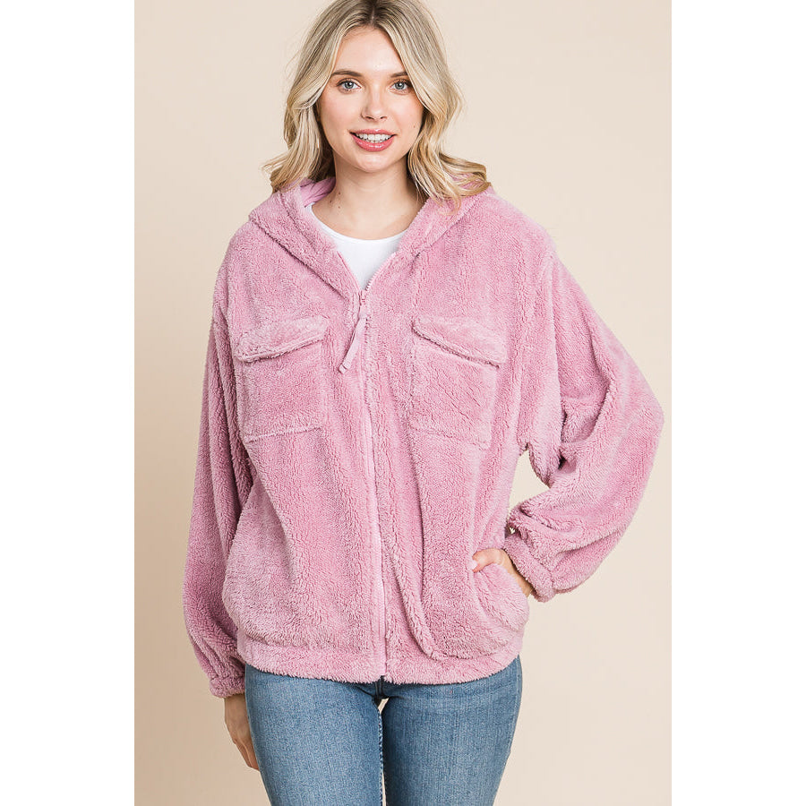 Culture Code Faux Fur Zip Up Hooded Jacket with Side Pockets Fuchsia Pink / S Apparel and Accessories