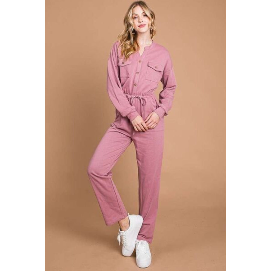 Culture Code Full Size Button Up Drawstring Waist Straight Jumpsuit Apparel and Accessories
