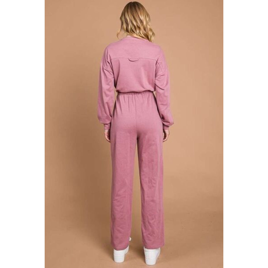 Culture Code Full Size Button Up Drawstring Waist Straight Jumpsuit RED BEAN / S Apparel and Accessories