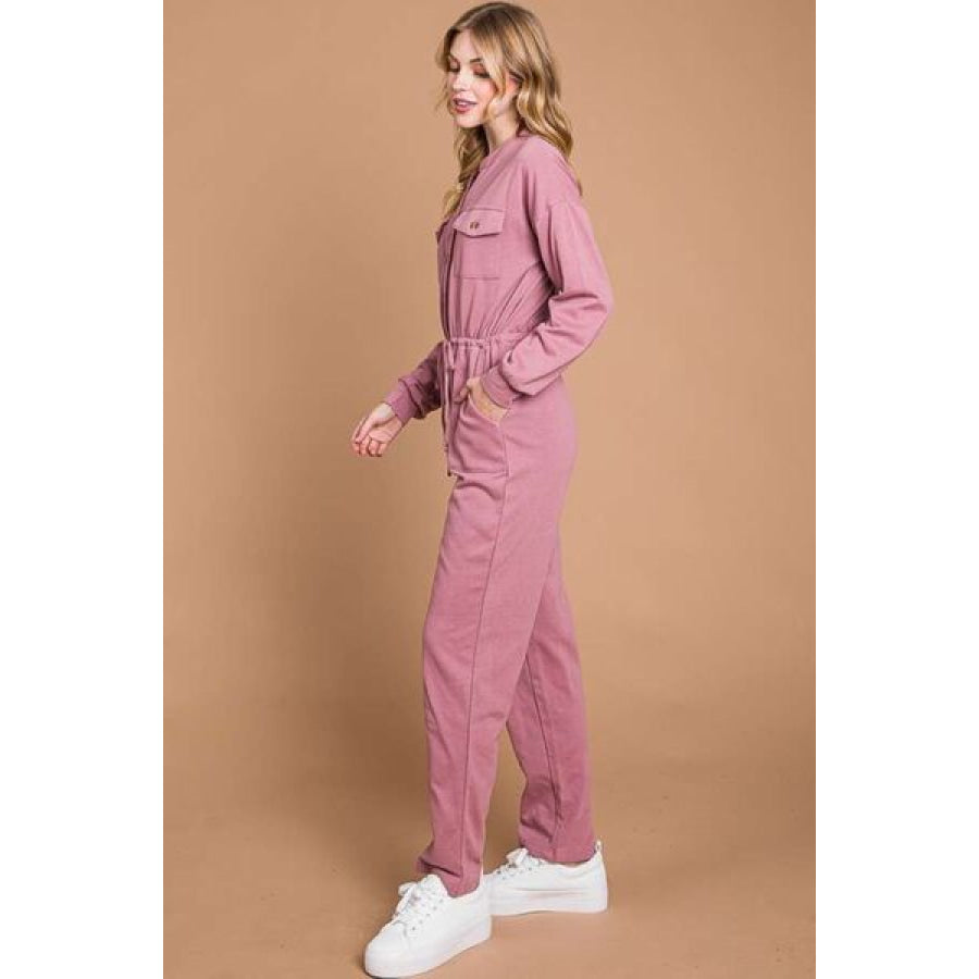 Culture Code Full Size Button Up Drawstring Waist Straight Jumpsuit Apparel and Accessories