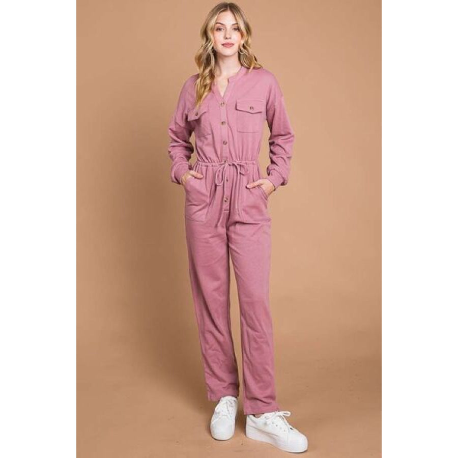 Culture Code Full Size Button Up Drawstring Waist Straight Jumpsuit RED BEAN / S Apparel and Accessories