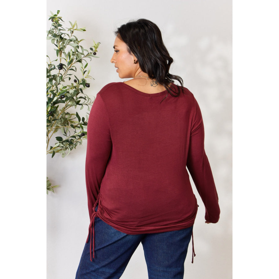 Culture Code Full Size Drawstring Round Neck Long Sleeve Top WINE / S Apparel and Accessories