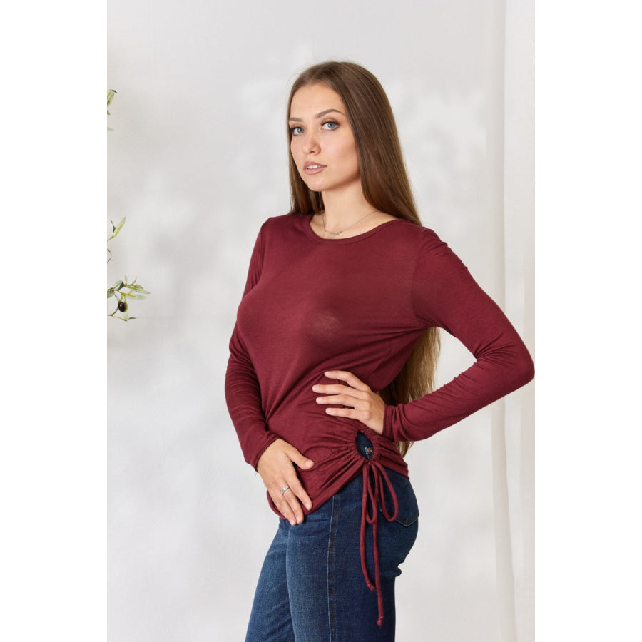 Culture Code Full Size Drawstring Round Neck Long Sleeve Top Apparel and Accessories