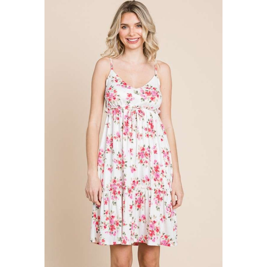 Culture Code Full Size Floral Frill Cami Dress Ivory / S Apparel and Accessories