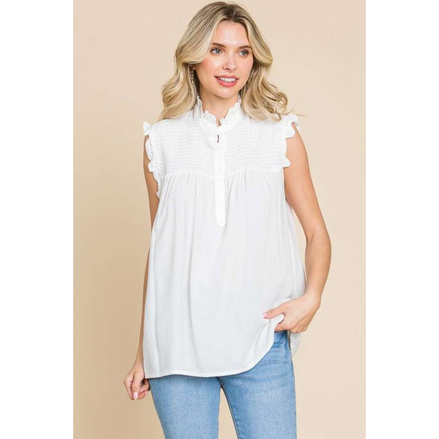Culture Code Full Size Frill Edge Smocked Sleeveless Top Apparel and Accessories