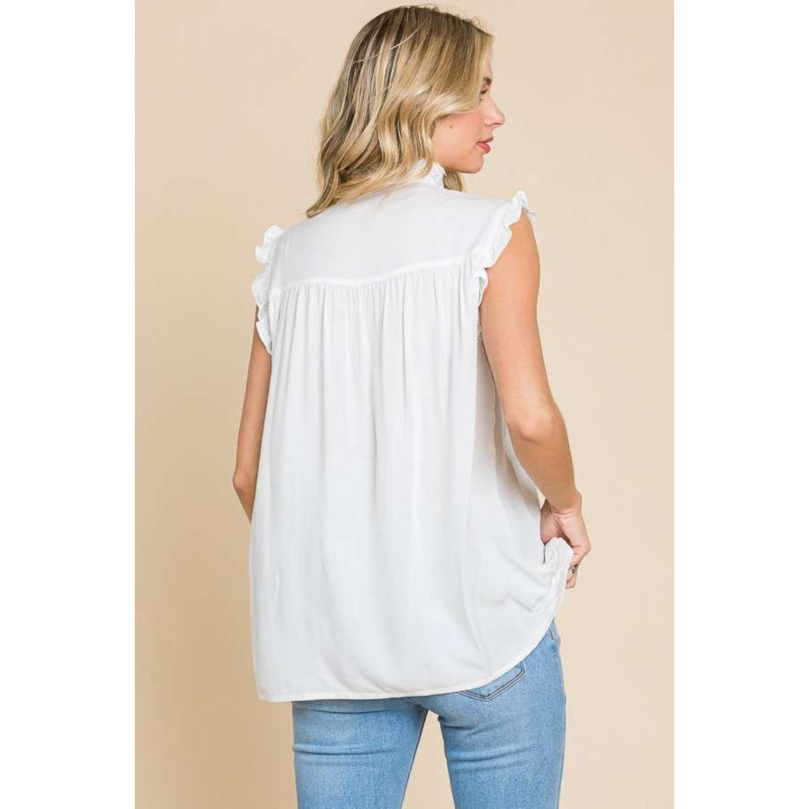 Culture Code Full Size Frill Edge Smocked Sleeveless Top Soft White / S Apparel and Accessories