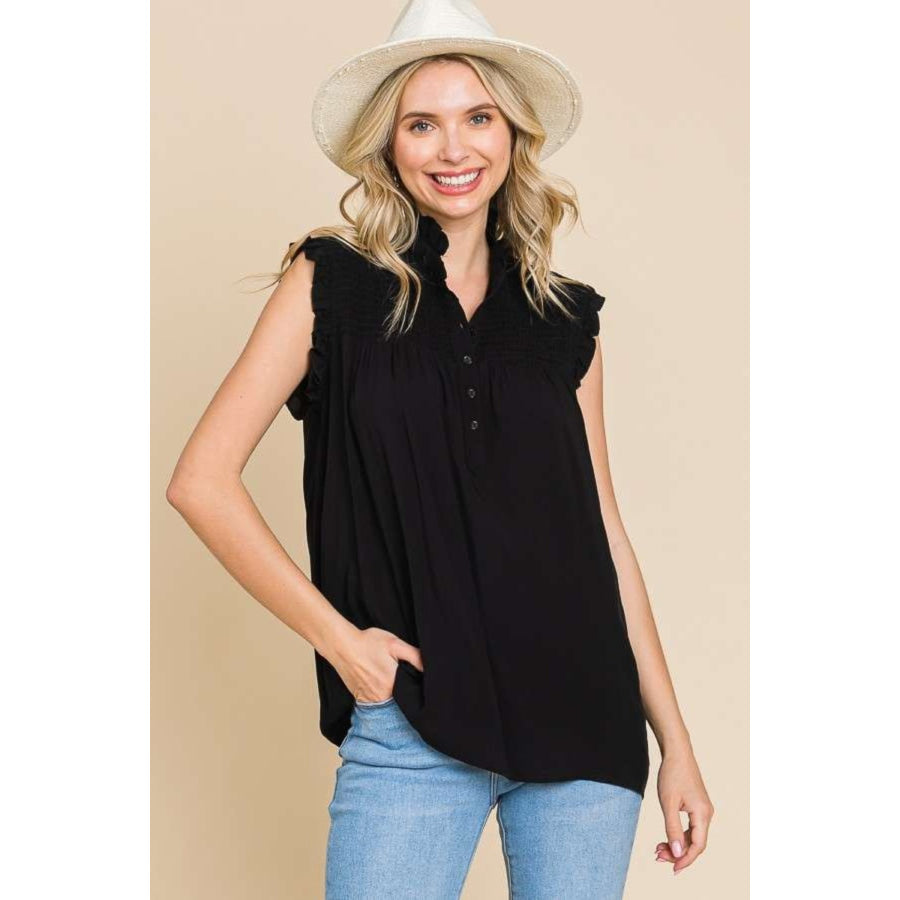 Culture Code Full Size Frill Edge Smocked Sleeveless Top Black / S Apparel and Accessories