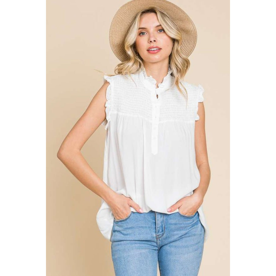 Culture Code Full Size Frill Edge Smocked Sleeveless Top Soft White / S Apparel and Accessories