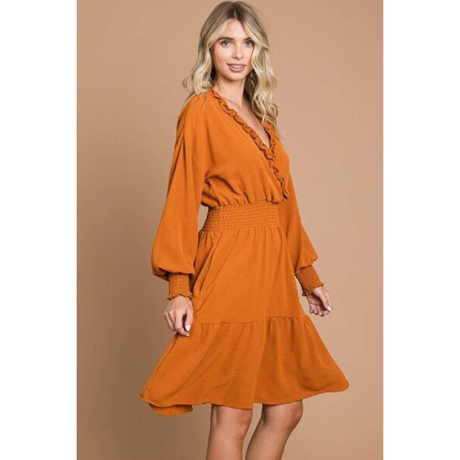 Culture Code Full Size Frill Smocked Lantern Sleeve Mini Dress Apparel and Accessories