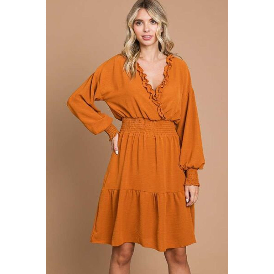 Culture Code Full Size Frill Smocked Lantern Sleeve Mini Dress GINGER / S Apparel and Accessories