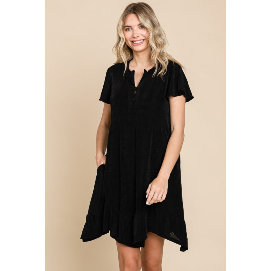 Culture Code Full Size Notched Short Sleeve Dress Black / S Apparel and Accessories