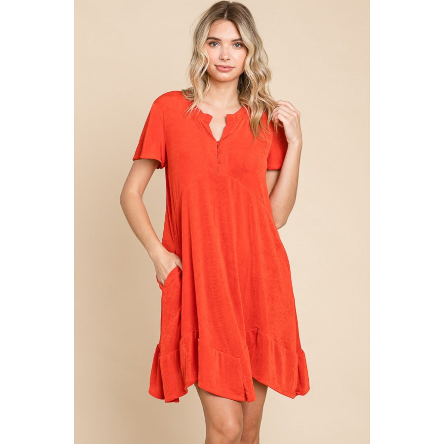 Culture Code Full Size Notched Short Sleeve Dress Scarlet / S Apparel and Accessories