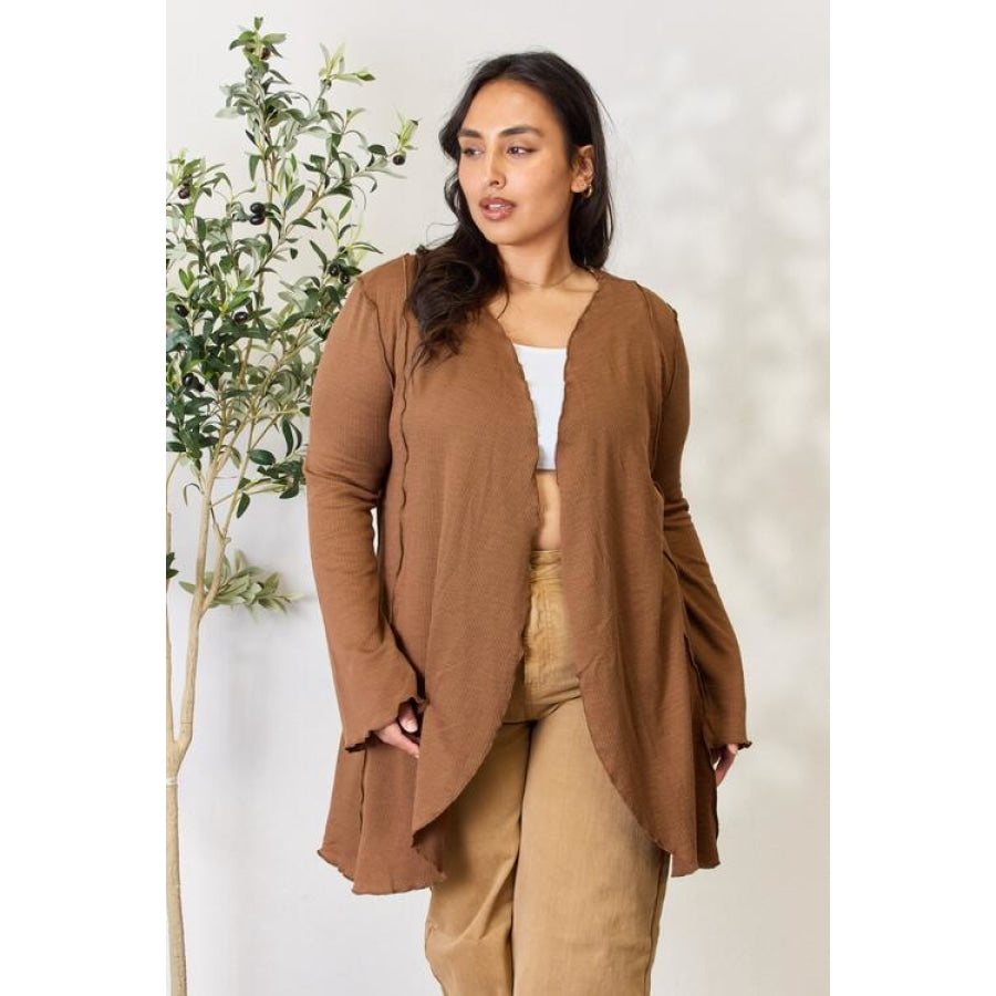 Culture Code Full Size Open Front Long Sleeve Cardigan Cocoa Brown / S
