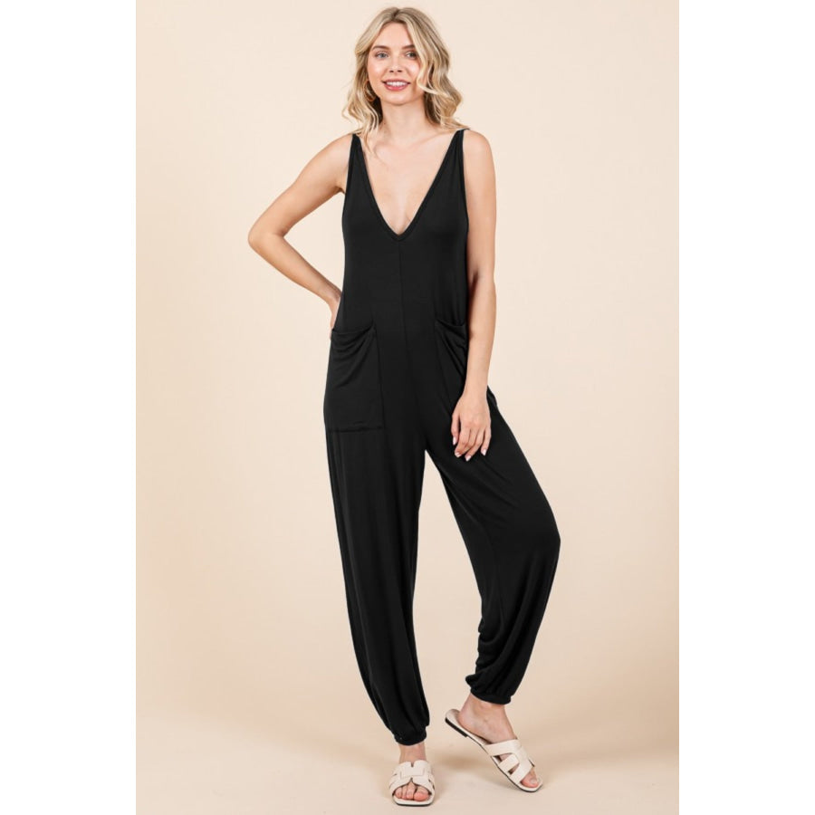 Culture Code Full Size Plunge Sleeveless Jumpsuit with Pockets Black / S Apparel and Accessories