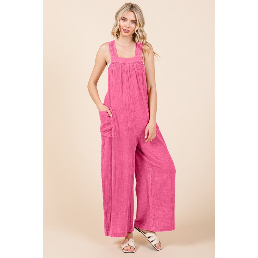Culture Code Full Size Pocketed Sleeveless Wide Leg Overalls Pink Girl / S Apparel and Accessories