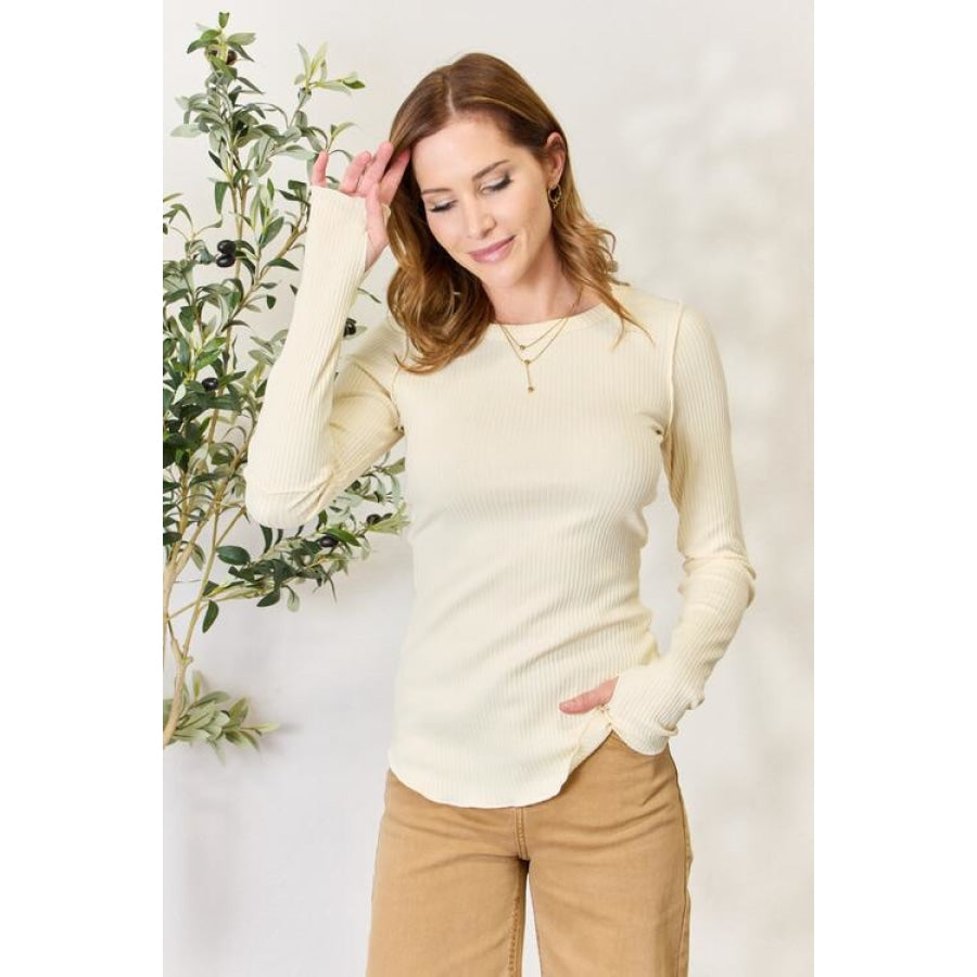 Culture Code Full Size Ribbed Round Neck Long Sleeve Top Vanilla Cream / S