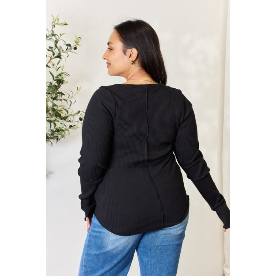 Culture Code Full Size Ribbed Round Neck Long Sleeve Top Black / S