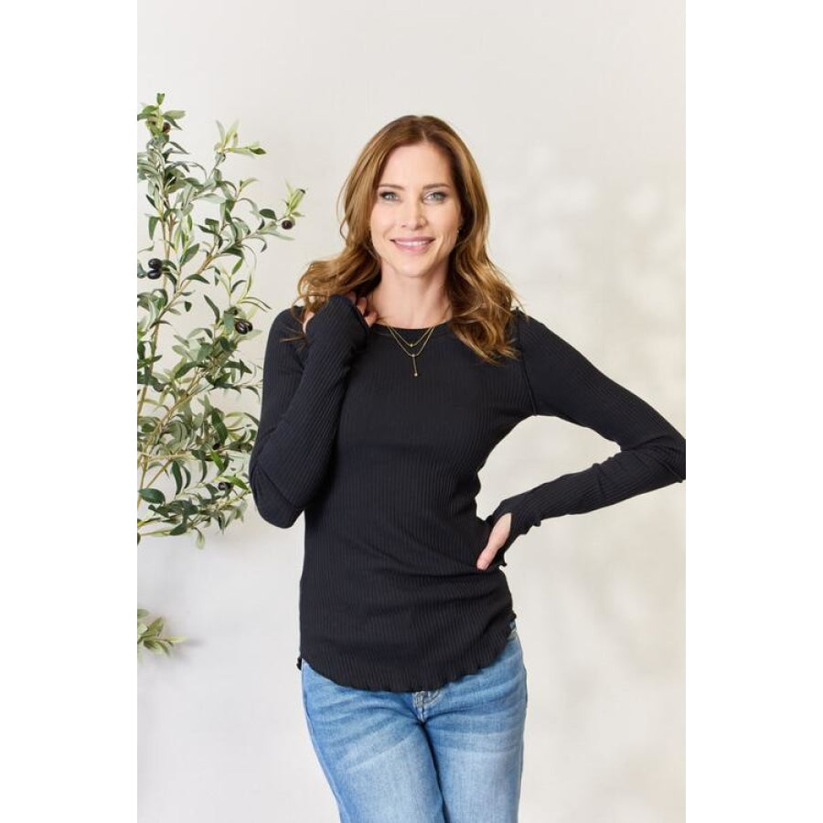 Culture Code Full Size Ribbed Round Neck Long Sleeve Top