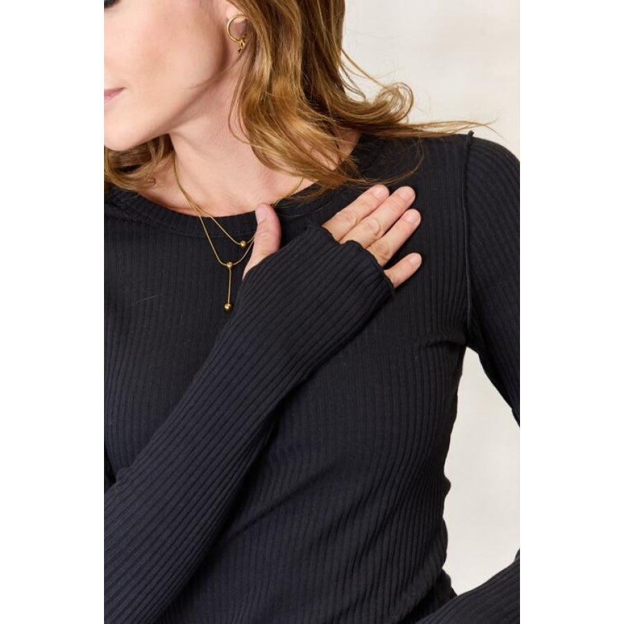 Culture Code Full Size Ribbed Round Neck Long Sleeve Top