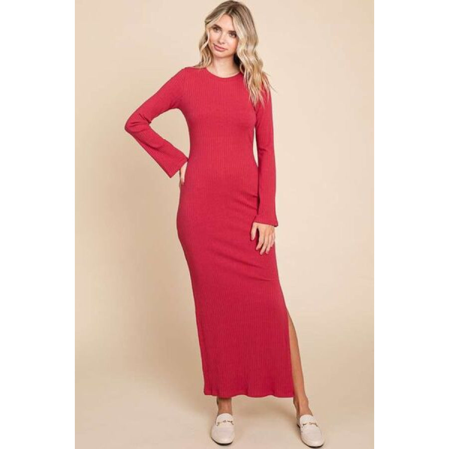 Culture Code Full Size Round Neck Bodycon Bell Maxi Dress VERYBERRY / S Apparel and Accessories