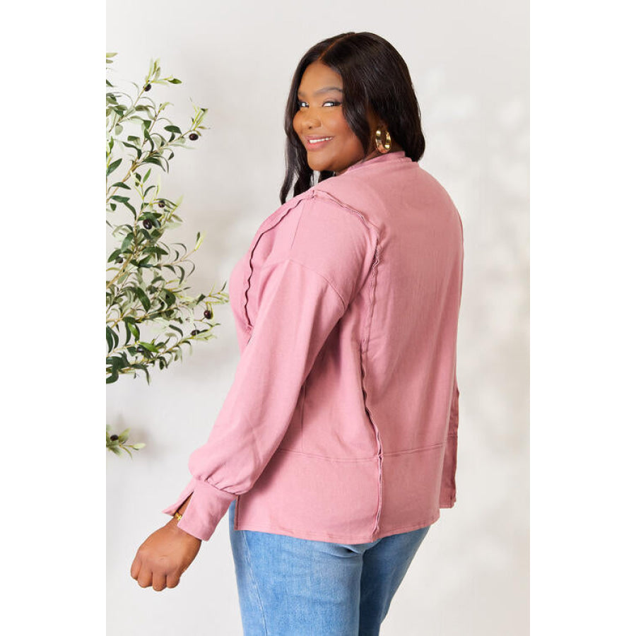 Culture Code Full Size Round Neck Exposed Seam Slit Top L. Red Bean / S Clothing