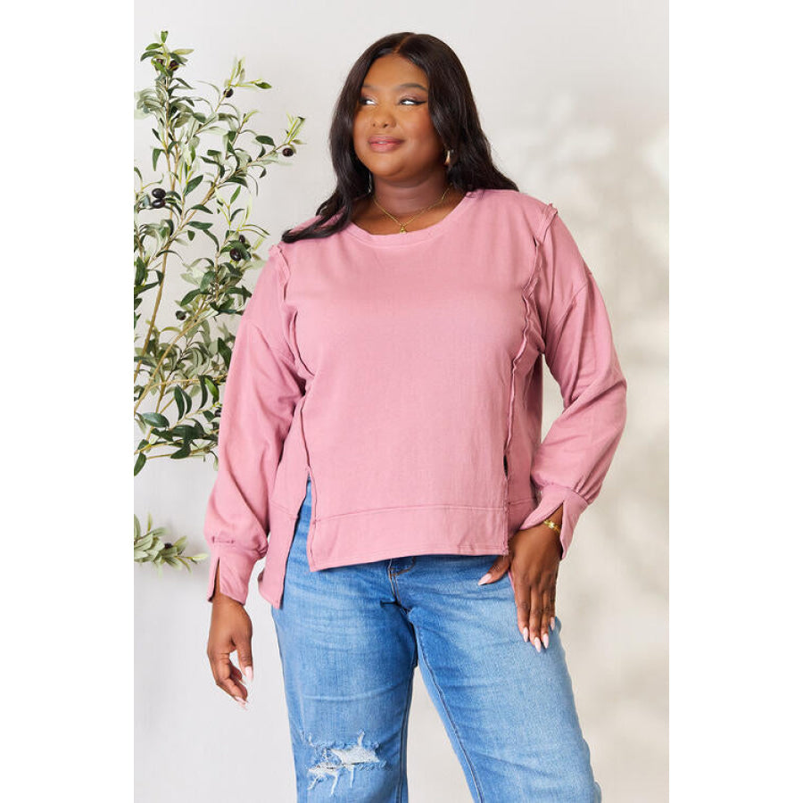 Culture Code Full Size Round Neck Exposed Seam Slit Top L. Red Bean / S Clothing